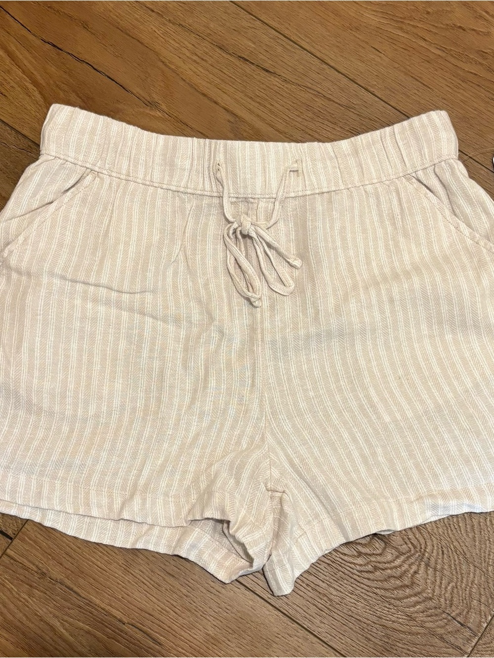 Time and Tru Beige Stripe High Waist Drawstring Shorts
